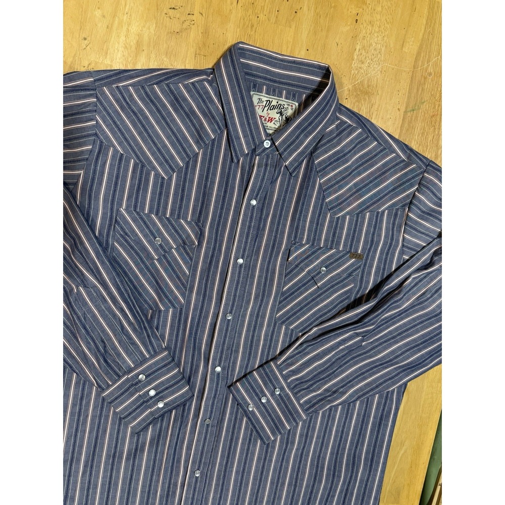 The Plains 777 E&W Western Shirt Mens XL Blue Striped Pearl Snap Long Sleeve